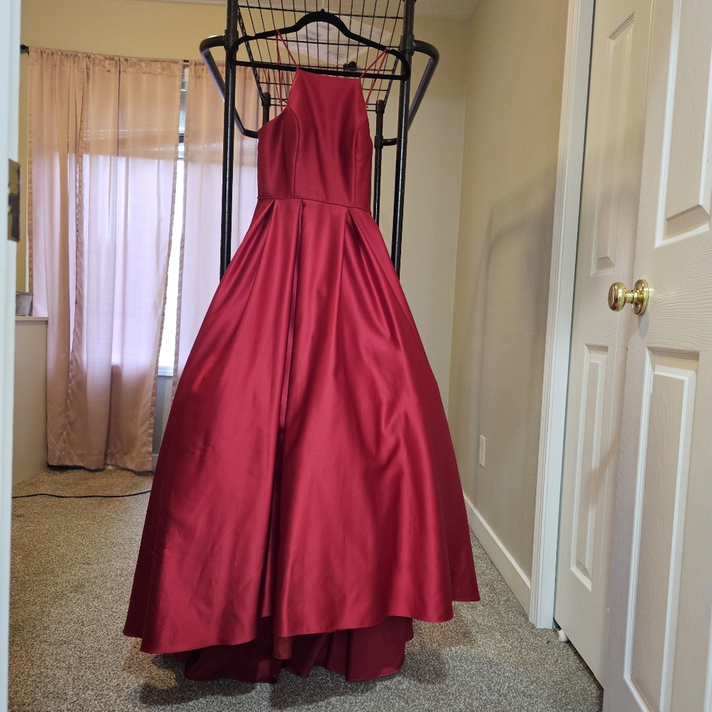 Betsy & Adam high-neck satin ball gown in ruby red size 2